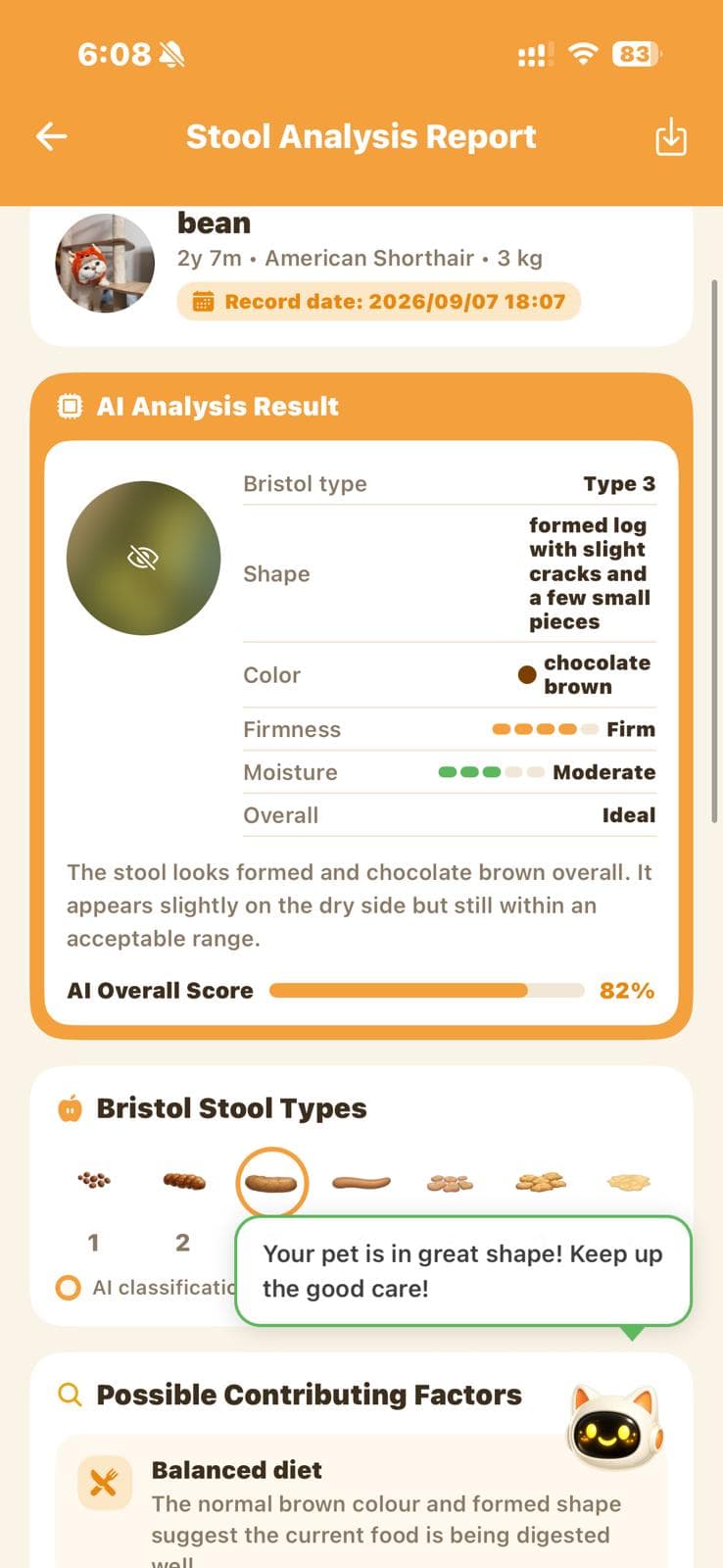 Petalife app stool analysis report showing Bristol type, shape, colour, firmness and an AI overall score