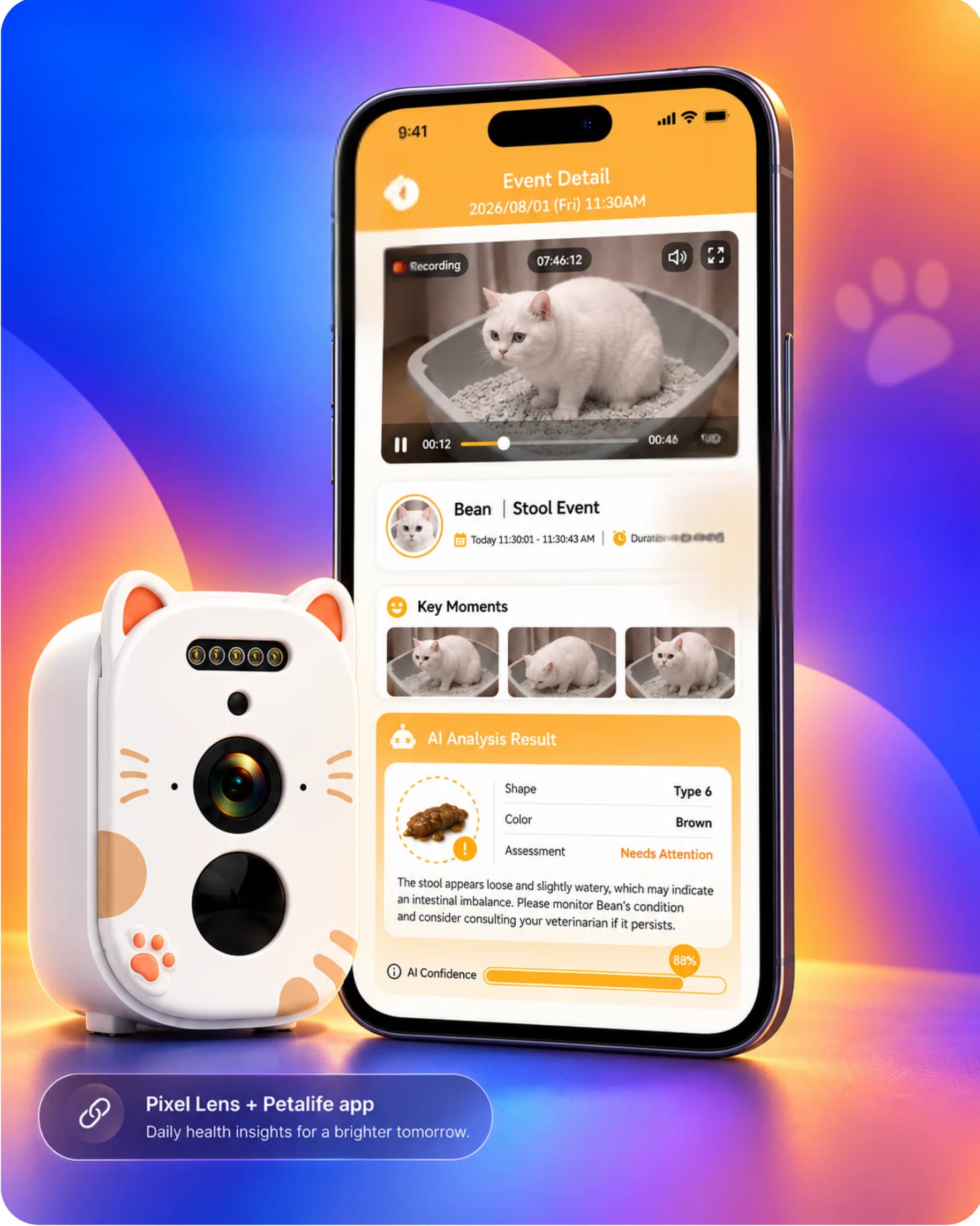 Petalife Pixel Lens device beside the Petalife app, showing a stool analysis event with key moments and an AI health report