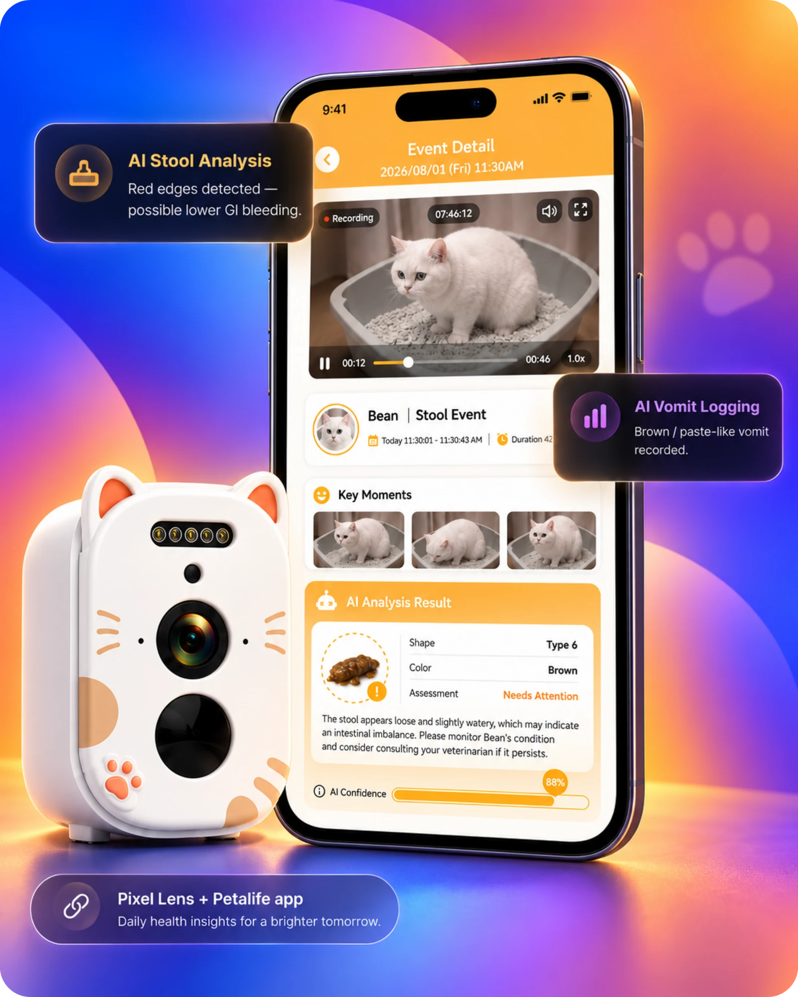 Petalife Pixel Lens device beside the Petalife app, showing a stool analysis event with key moments and an AI health report